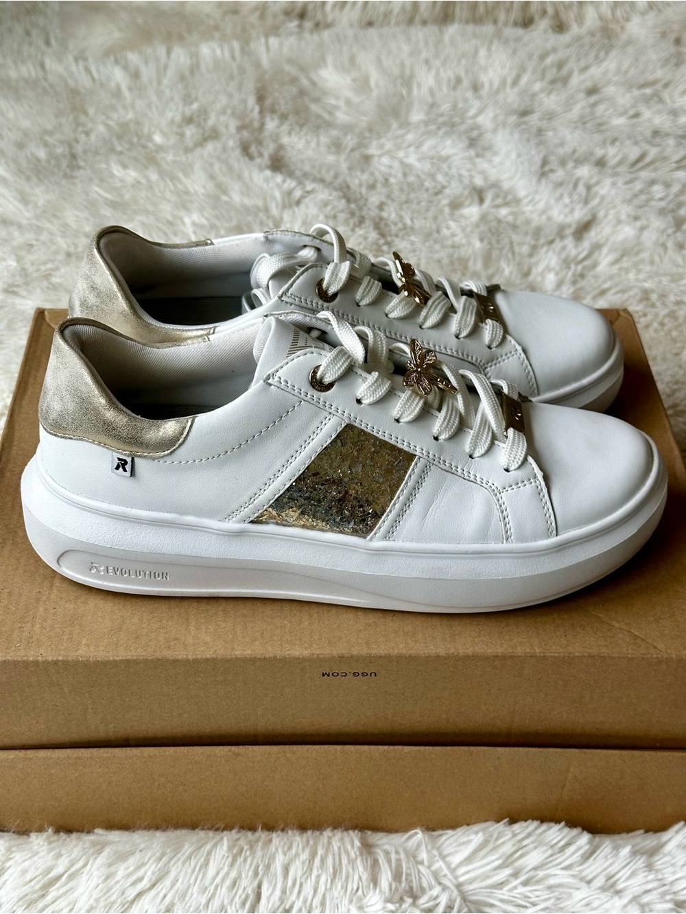 RIEKER R-Evolution W1202-82 White Gold Leather Dragonfly Sneakers Size 39